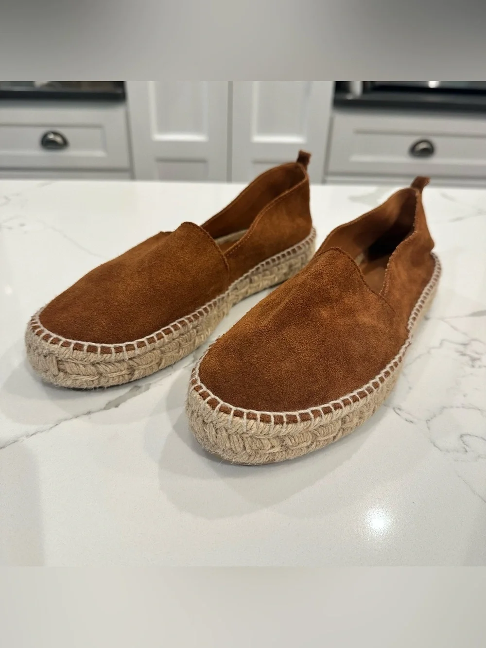 ZARA Basics Suede Espadrilles Slip On Jute Flats Tan Brown Shoe Women 39 US 8